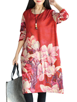 Elegant Flower Printed O-Neck Long Sleeve Midi Dress For Women