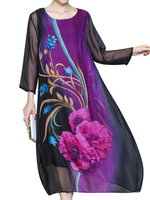 Elegant Flower Printed Silk Mid-Calf Dresses for Women