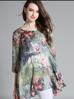 Elegant Flower Printing High Low Chiffon T-shirt For Women