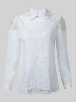Elegant Lace Crochet Beaded Long Sleeve Women Chiffon Blouse