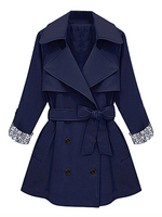 Elegant Lapel Long Sleeve Belt Lace Patchwork Double Breasted Jacket
