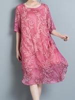 Elegant Leaves Print Irregular Half Sleeve O-neck Dress For Women