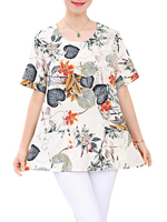 Elegant O-neck Short Sleeves Pocket Floral Printed T-Shirts For Women