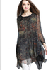 Elegant Peacock Printed Long Sleeve Asymmetric Chiffon Dress For Women