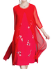 Elegant Plum Blossom Printed Mesh Stitching Fake Two-Piece Dress