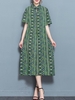 Elegant Print Frog Button Short Sleeve Stand Collar Women Dress