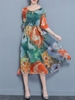 Elegant Print Irregular Hem Half Horn Sleeve O-neck Women Dress