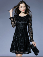 Elegant Pure Color Lace Hollow Out Long Sleeve Mini A-Line Dress For Women