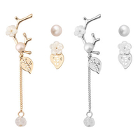 Elegant Simple Earrings Flower Leaves Shell Pearl Asymmetry Earrings for Women
