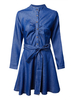 Elegant Solid V-Neck Long Sleeve A Line Women Denim Mini Dress