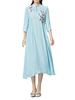 Elegant Women 3/4 Sleeve Flower Embroidery Button Maxi Dress