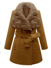 Elegant Women Belt Long Sleeve Faux Fur Collar Woolen Coat