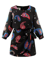 Elegant Women Belt Slim Zipper Printed Long Sleeve Mini Dress