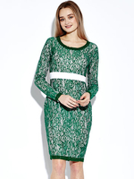 Elegant Women Belted Crochet Lace Long Sleeve Pencil Dress