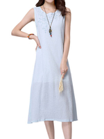 Elegant Women Embroidery Sleeveless Straight Cotton Linen Dress