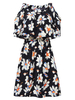 Elegant Women Floral Printed Black Strap Off Shoulder Ruffles Elastic Waist A-line Dress