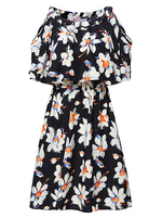 Elegant Women Floral Printed Black Strap Off Shoulder Ruffles Elastic Waist A-line Dress