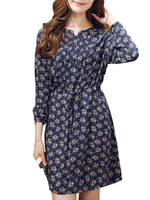 Elegant Women Floral Printed Drawstring Waist Button Pleated Dress
