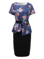 Elegant Women Floral Printed Two Piece Pencil Dress With Belt