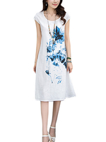 Elegant Women Ink Painting Cotton Linen Dress