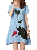 Elegant Women Lotus Ink Printing Pocket Irregular Linen Dress