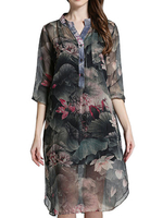 Elegant Women Lotus Printing Button Chiffon Mini Dress