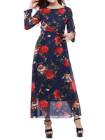 Elegant Women Rose Flower Chiffon Summer Maxi Dress With Belt