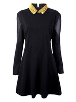 Elegant Women Solid Lapel Beading Patchwork Pleated A line Dress