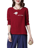 Embroidery Long Sleeve Vintage Women Cotton T-shirt