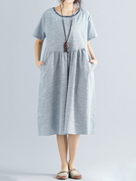 Embroidery Patchwork Loose Hem Short Sleeve Women Dresses
