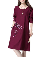 Embroidery Retro Style Breathable Elegant O Neck Long Sleeve Dress