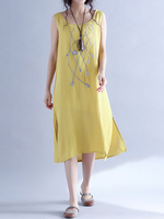 Embroidery Sleeveless O Neck Side Slit Women Dresses