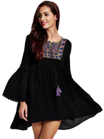 Embroidery Women Long Fare Sleeve Loose Mini Dress