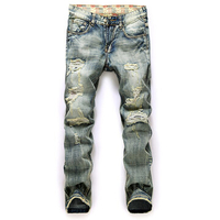 Eourpean Stytle Vintage Woren Out Stone Washed Denim Jeans for Men