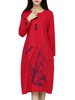 Ethnic Embroidered Plate Button Round Neck A-Line Dress For Women