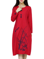 Ethnic Embroidered Plate Button Round Neck A-Line Dress For Women