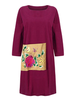 Ethnic Embroidery Pocket Contrast Women Loose Vintage Long Sleeve Dress