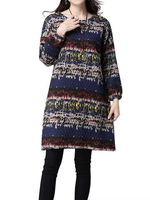 Ethnic Ink Printed Round Neck Lantern Sleeve A-Line Dress For Women