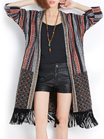 Ethnic Patchwork Printed Tassel Hem Batwing Women Cardigan