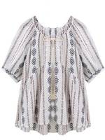 Ethnic Printed Drawstring Preppy Style Casual Women Blouse