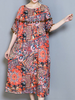Ethnic Printed Half Sleeve Loose Vintage Mid-Long Dresses