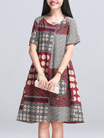 Ethnic Printed Short Sleeve Crew Neck Vintage Dresses