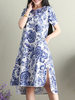 Ethnic Printed Short Sleeve Irregular Hem Pocket Dresses