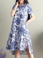 Ethnic Printed Short Sleeve Irregular Hem Pocket Dresses