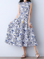 Ethnic Printed Sleeveless Stand Collar Vintage Maxi Dresses