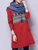 Ethnic Printed Splicing Solid Argyle Thick Long Sleeve Women Dress