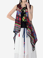 Ethnic Style Women Floral Sleeveless High Low Chiffon Cardigan