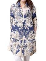 Ethnic Style Women Flower Printed Irregular Hem Slim Blouse