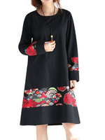 Ethnic Style Women Printed Long Sleeve A-Line Dress
