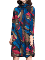 Ethnic Vintage Printing Turtleneck Long Sleeve Split Hem Dress For Women